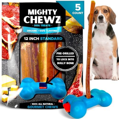 12" Standard Bully Sticks (5 Pack) with Bully Stick Safety Device - No Choking/All Natural Pizzle Sticks and Bully Stick Holder