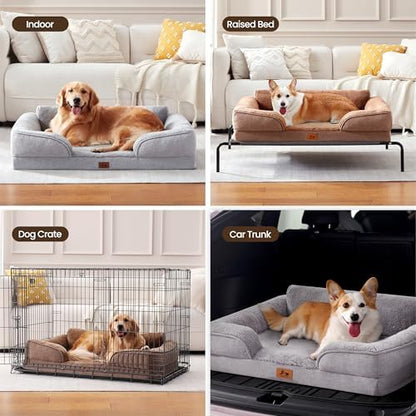 XL Orthopedic Dog Bed for Large Dogs, Waterproof Egg-Crate Foam Pet Couch Bed with Sided Soft Bolsters, 42"x32" Supportive Non-Slip Dog Sofa with Removable Washable Cover, Light Gray