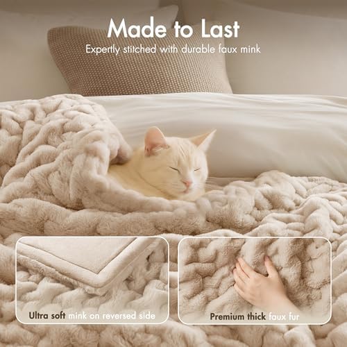 Madison Park Ruched Fur Throw Faux Fur Blanket for Sofa, 50" x 60", Tan