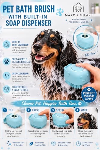 6-Piece Dog and Cat Grooming Kit - Self Cleaning Slicker Brush, Deshedding Brush, Bath Brush with Soap Dispenser, Grooming Bath Gloves, Microfiber Towel and Storage Pouch (Blue)