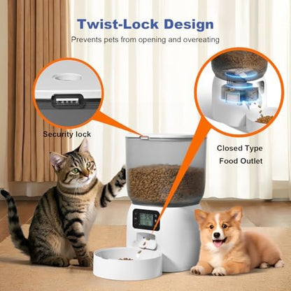 Automatic Cat Feeder, 3L Cat Food Dispenser with 10s Voice Recorder, Pet Feeder up to 8 Meals per Day, Timed Dog Feeder (White-Basic)