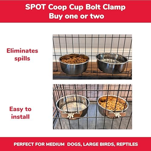 SPOT Coop Cup Bolt Clamp - Stainless Steel Hanging Bowl for Pet Crates, Easy Install, Chew-Proof, Removable Water/Kibble Bowl for Medium Dogs, Cats, Large Birds, Reptiles - 3.75 Cups (30 Oz)