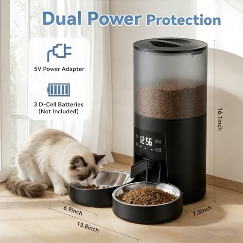 DUMOS 6L Automatic Cat Feeder for 2 Cats, Timed Pet Food Dispenser, Black
