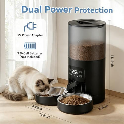 DUMOS 6L Automatic Cat Feeder for 2 Cats, Timed Pet Food Dispenser, Black