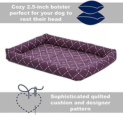MidWest Homes for Pets 40230-PLD Quiet Time Couture Ashton Bolster Pet Bed, Intermediate Dog/30, Plum, Plum & White Diamond Pattern, 30-Inch