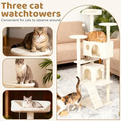 BestOffice 62 Inch Cat Tree, Multi-Level Cat Tower with Condo, Perches, Sisal Scratching Posts, Climbing Ladder,Indoor Activity Center Play House for Kittens & Adult Cats, Beige