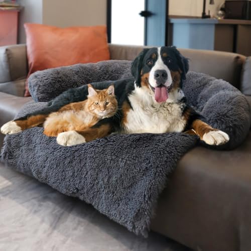 Calming Dogs/Cats Bed Mats, Dog Pad Washable Removable Couch Cover, Plush Long Fur Mat for Pets, Waterproof, Perfect for Small, Medium and Large Dogs and Cats (Dark Gray, 59"x39"x 6.0")