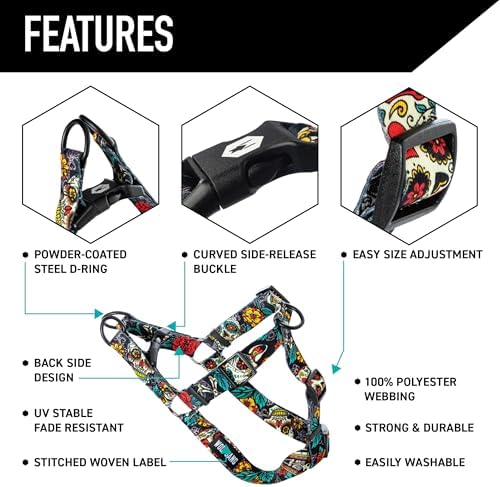 Wolfgang Heavy Duty Adjustable Dog Harness, Pull-Tested to Over 800 lbs for Walking & Training, LosMuertos Print, Medium