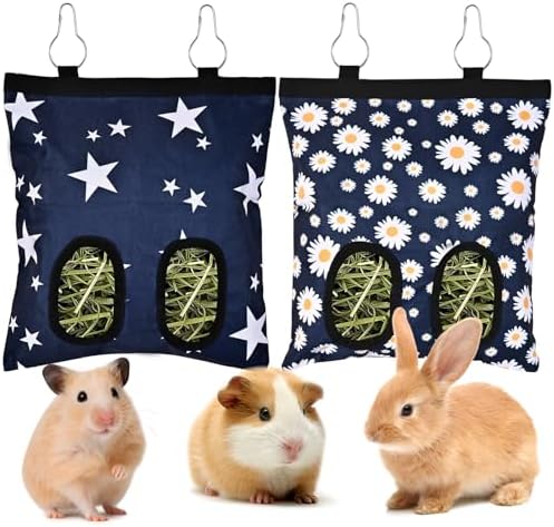 Upgraded Rabbits Hay Feeder Bag for Bunny, Guinea Pigs, Chinchillas - Hanging Washable 2-Hole Hay Dispenser with 600D Oxford Fabric, Small Animal Cage Accessories （Blue Star and Blue Daisy）