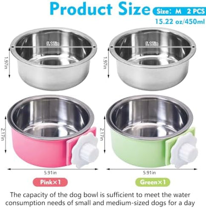 kathson Crate Dog Bowl, Removable Stainless Steel Hanging Pet Cage Bowl Food & Water Feeder Coop Cup for Cat, Puppy, Birds, Rats, Guinea Pigs (2 PCS, Size: M, Green and Pink)