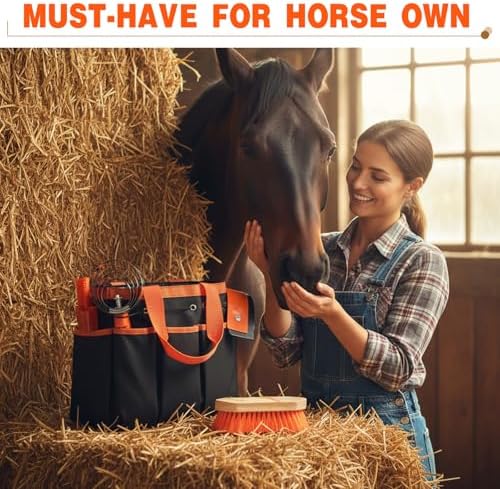Abbylike 12 Piece Horse Grooming Kit with Organizer Tote Bag Brush Sets for Derby Day Show Horses Professional Tools for Care & Massage(Orange)