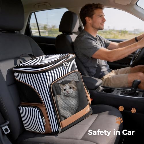 Lekereise Large Cat Backpack Carrier Expandable Pet Carrier Backpack for Small Dogs Medium Cats Fit Up to 18 Lbs, Foldable Puppy Backpack Carrier for Travel, Hiking, Striped