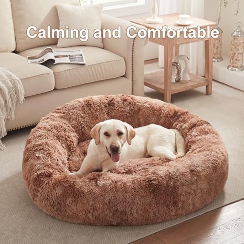 45 in Faux Fur Donut Dog Bed for Extra Large Dogs,Tie-dye Brown