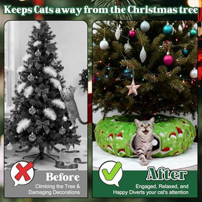 Christmas Cat Tunnel Tree Skirt – Warm Flannel Donut Tunnel Bed with Soft Cushion & Hanging Ball Toy, Peekaboo Cat Cave Under Tree for Indoor Cats to Prevent Christmas Tree Falling, Festive Green