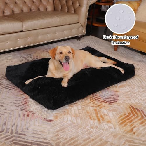 Bedfolks Waterproof Dog Crate Bed, Plush Large Dog Pad, 47"x29", Black
