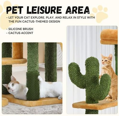 DWVO Cactus Cat Tree for Large Cats: 60" Tall with Self-Grooming Brush, Cute Kitten Climbing Tower for Indoor Kittens with Cat Condo, Top Perch, Basktet, Sisal Scratching Posts, Dangling Ball