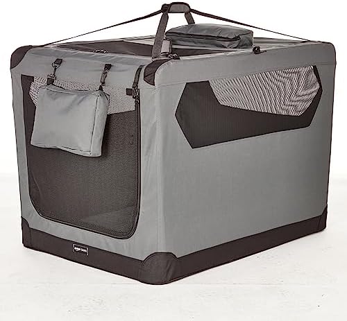 Amazon Basics Portable Foldable Soft Pet Dog Crate Carrier Kennel with Mesh Windows, Ventilation, Pockets for Large Dogs, 42 x 31 x 31 inches, Grey