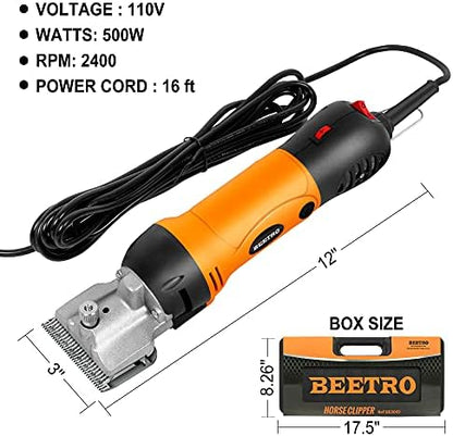 BEETRO 500W Electric Professional Horse Shears, 6 Speeds Animal Grooming Clippers for Horse Equine Goat Pony Cattle, with an Extra Set of Shearing Blades