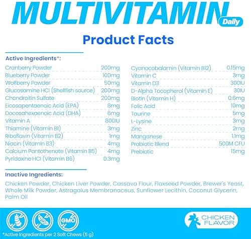 All-in-One Dog Multivitamin with Superfood Berries, Probiotics, Glucosamine, Omega 3 - Support Hip Joint, Skin Coat, Allergy Relief, Digestion, Immune Health - Vitamins Supplement - 120 Chews