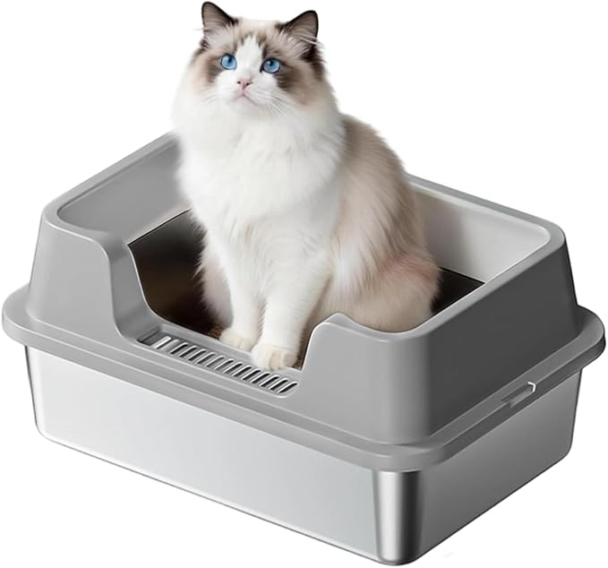 Enclosed Stainless Steel Cat Litter Box with Lid Extra Large Litter Box for Big Cats XL Metal Litter Pan Tray with High Wall Sides Enclosure, Non-Sticky, Anti-Leakage, Easy Cleaning