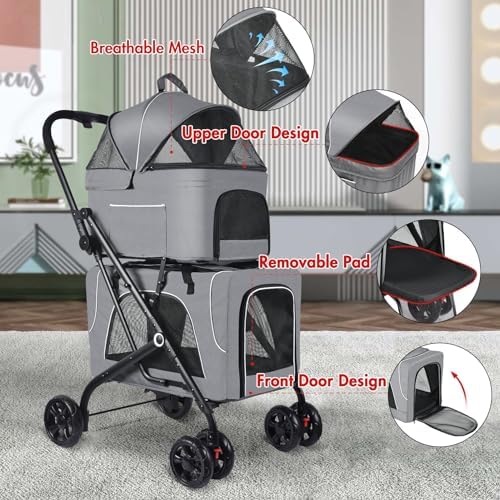 Petmolico Double Pet Stroller with 2 Detachable Carrier Bags, Grey