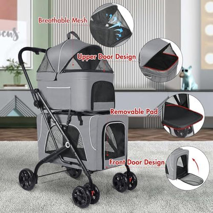 Petmolico Double Pet Stroller with 2 Detachable Carrier Bags, Grey
