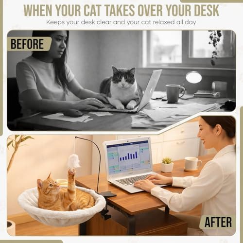 Cat Desk Bed for Home Office – Sunken Clamp-On Cat Hammock Holds 40 lbs | Fits Desks 0.8-2.4", 14" Washable Nest, Non-Slip Heavy-Duty Mount, Space-Saving Cat Perch for Remote Workers