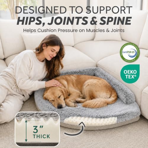 Corner Dog Bed Large, 39" Calming Fluffy Orthopedic Pet Beds, Beige