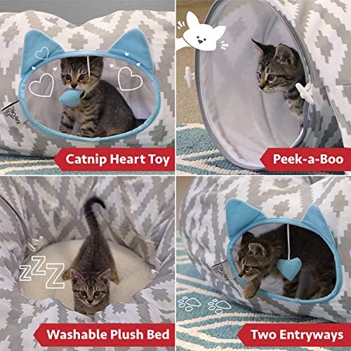 Kitty City Large Cat Tunnel Bed, 2-in-1 Zip-Together Cat Play Tunnel & Plush Nap Bed, Pop-Up Indoor Cat Toy with Hanging Toys, Collapsible Design - White