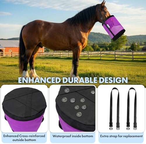 Horse Feed Bag Pack of 2 (Reinforced Bottom Edging), Feed Bags for Horses with Ventilation Mesh, Comfort Nose Pad Neck Pad, Adjustable Strap, Spill Proof Design for Feeding Grain, Supplements
