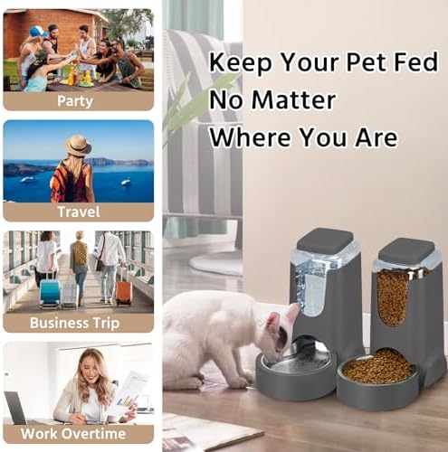 2 Pack Automatic Cat Feeder and Gravity Stainless Steel Water Dispenser, Dog Food Feeder and Waterer Set for Small Medium Puppy Kitten Pets (1 Gallon x 2, Gray)