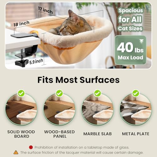 JUNSPOW Cat Desk Bed One-Click Folding Maximum Holds 40lb, Cream Fur