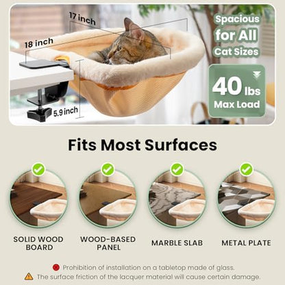 JUNSPOW Cat Desk Bed One-Click Folding Maximum Holds 40lb, Cream Fur