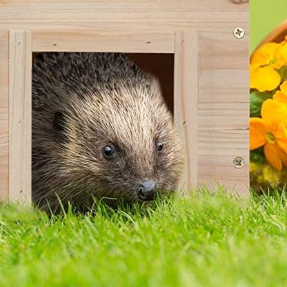 Relaxdays Hedgehog House, Wooden, Pet Hotel With Base, 2 Chambers, Winter Shelter, HxWxD: 21.5x40x40 cm, Brown
