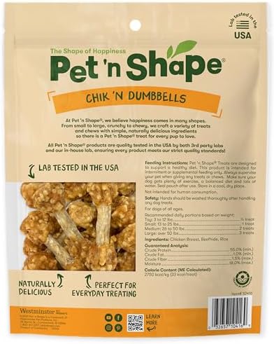 Pet 'n Shape Chik 'n Dumbbells: All-Natural, High-Protein Dog Treats; Limited Ingredient Chicken & Rice Chew for All Breeds, 32 Ounces