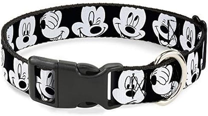 Buckle-Down Plastic Clip Collar - Mickey Mouse Expressions CLOSE-UP Black/White - 1.5" Wide - Fits 18-32" Neck - Large