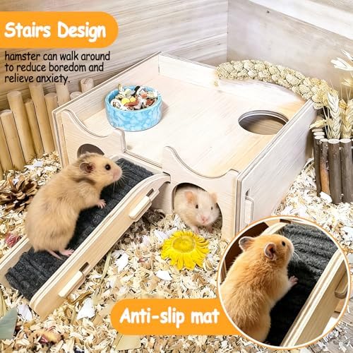 Wooden Hamster Hideout House,Multi-Chamber Syrian Hamster Hide Hut with Ladder Platform Bowls,Gerbil Explore Hiding Maze House Habitats Decor Accessories for Rat,Dwarf, Mice,Mouse