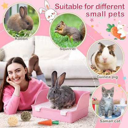 Reallnaive 15 Pcs Rabbit Starter Kit Small Rabbit Litter Box Girls Gift Animal Grooming Kit Bunny Toys Bowl Blankets with Cleaning Set for Guinea Pig Accessories(Light Pink)