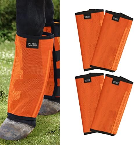 Harrison Howard Loose Fitting Fly Boots UV-Protective Extra Tough Mesh Ventilated Four Fasteners Stay-on Design Protect Horse Legs & Stomp-Reducing Set of 4 Orange Medium