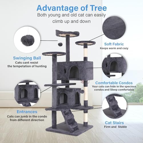 FDW | 54" Cat Tree Tower | Ashy | Multi-Level Indoor Activity Center