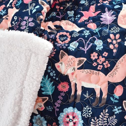 Lush Decor Pixie Fox Sherpa Throw Blanket 50”W x 60" L Navy & Pink - Sherpa Blankets - Toddler Blanket for Bed - Pink Girls Room Decor - Floral Throw