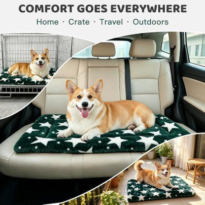 Dog Bed Mat, Reversible Dog Crate Pad with Washable Kennel Mat and Soft Foam, Pet Bed for Dogs & Cats, for Crates Carriers & Travel (Big&Small Stars Green, 24" L*18" W*1.5" Th)