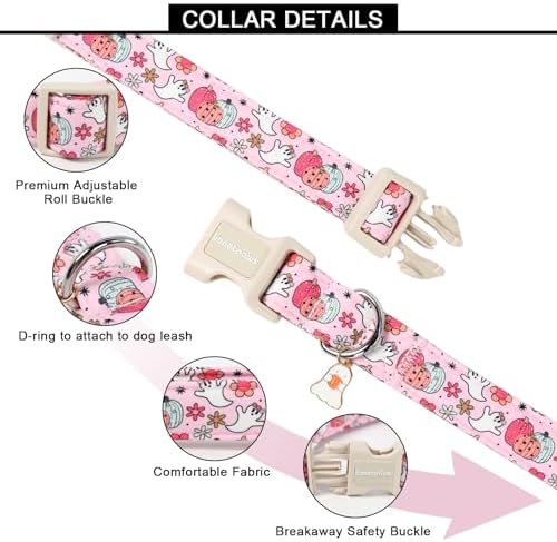 Lionet Paws Halloween Dog Collar- Cute Ghost Pumpkin Pink Dog Collars with Plastic Buckle and Ghost Pendant, Light Adjustable Dog Collars for Small Medium Dogs