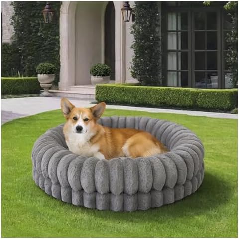 BALANCE Luxury Donut Dog Bed, 30 Inches Round Dog Bed Medium Size Dogs Washable, Orthopedic Calming Dogs Bed for Pets with Anti-Slip Bottom, Gray