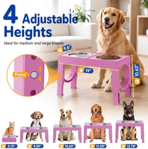 XIAZ Elevated Dog Bowls Large Breed Raised Dogs Bowl Stand Large/Medium Sized Dog Stainless Steel Food Water Bowl Stands 5 Heights Adjustable 9/11/12/14in Pet Feeder Dish Station
