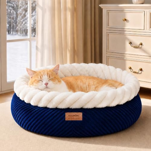 FUKUMARU Cute Round Cat Bed, Calming Donut Small Dog Beds, Washable
