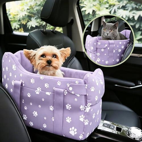 Center Console Dog Car Seat Safe Travel for Small Dogs Under 15 lbs Detachable Washable Pet Carrier with Storage Pockets & Safety Leash (Purple)