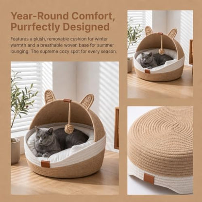 Cat Bed Basket for Indoor Cats with Cat Ear Cover Design