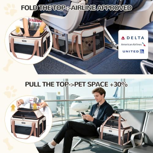 Lekereise Top-Expandable Pet Carrier 18x11x11Inch Delta American United Airline Approved Soft Sided Underseat to 15lbs Travel Carriers for Small Dogs Cats with Locking Safety Zippers Anti-Scratch Mesh