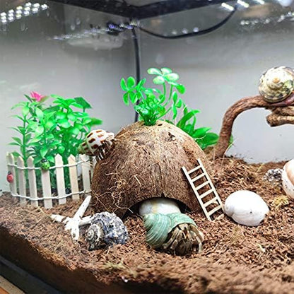 SINKOO 19PCS Hermit Crab Habitat Kit | Natural Coconut Shell Hut & Assorted Seashells with Plants | Climbing Hideout & Decor for Hermit Crabs | Home Aquarium Tank Accessories